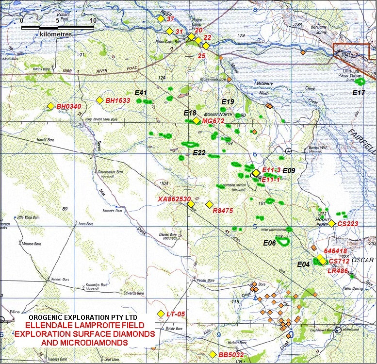 Location of diamonds recovered on surface from Ellendale Lamproite Field.